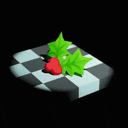 Objects are being cycled and displayed on a checkered floor. The objects include a spilled bucket of gunk, a hard hat covered in ice, a mistletoe, a snowman's head and a mushroom cloud explosion. 